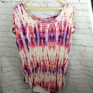 Boho Tie Dyed Short Sleeve Hi/Low Hem Back Detail
